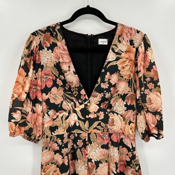 NWOT SHEIKE Orange Black Floral Print Button Down Puff Sleeve Boho Midi Dress 10 - Picture 6 of 9